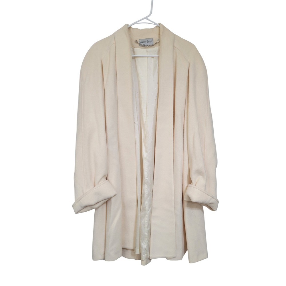 Ashley Scott Vintage Wool Blend Coat Ivory Shawl Collar Open Front Made in USA